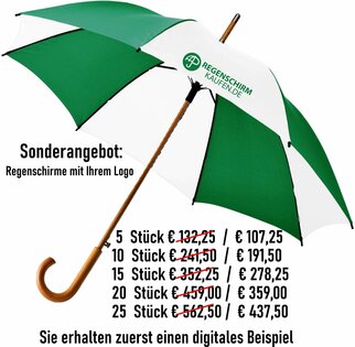 Angebot  Regenschirme mit Logo – jetzt zum Sonderpreis! Herbst-Sale – Bedruckte Regenschirme mit Ihrem Logo 5-10-15-20-25 Stück