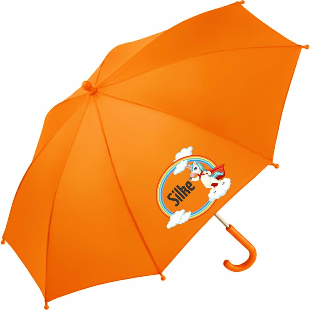 Personalisierter Kinder-Schirm mit Einhorn, buntem Regenbogen und Wolkenmotiv