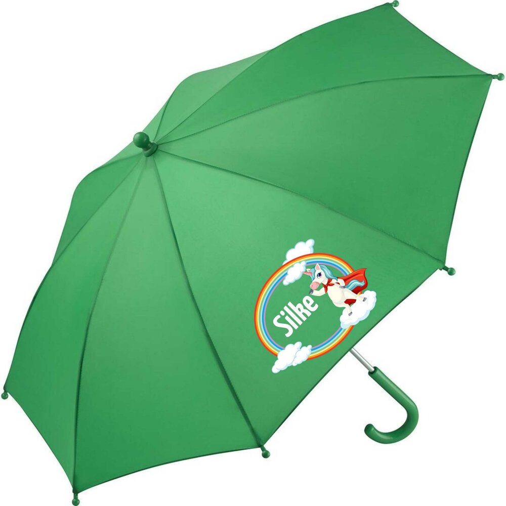 Personalisierter Kinderschirm &ndash; Einhorn auf der Wolke mit Regenbogen-Himmel